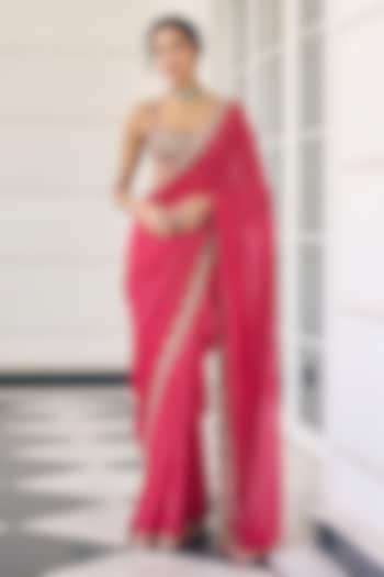 Pink Flat Chiffon Embroidered Reception Saree Set by AWIGNA BY VARSHA & RITTU at Pernia's Pop Up Shop
