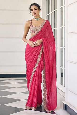 Pink Flat Chiffon Embroidered Saree Set by AWIGNA BY VARSHA & RITTU