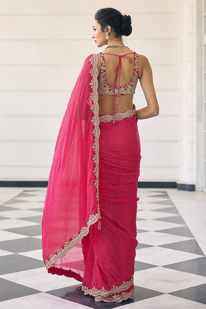 Pink Flat Chiffon Embroidered Reception Saree Set by AWIGNA BY VARSHA & RITTU at Pernia's Pop Up Shop