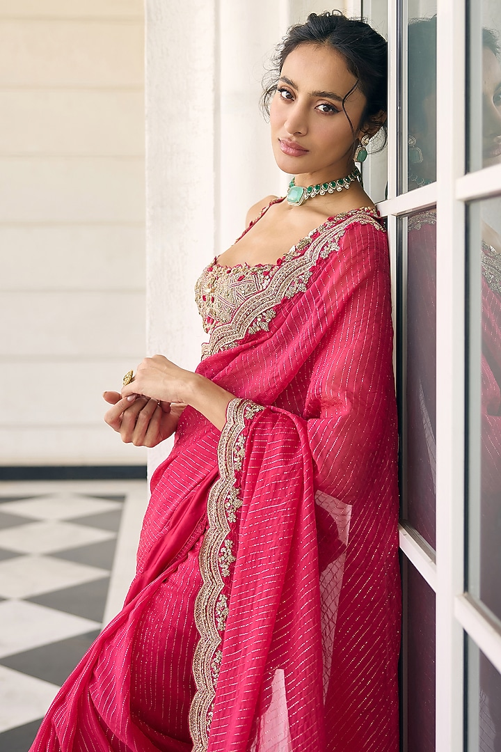 Pink Flat Chiffon Embroidered Reception Saree Set by AWIGNA BY VARSHA & RITTU at Pernia's Pop Up Shop
