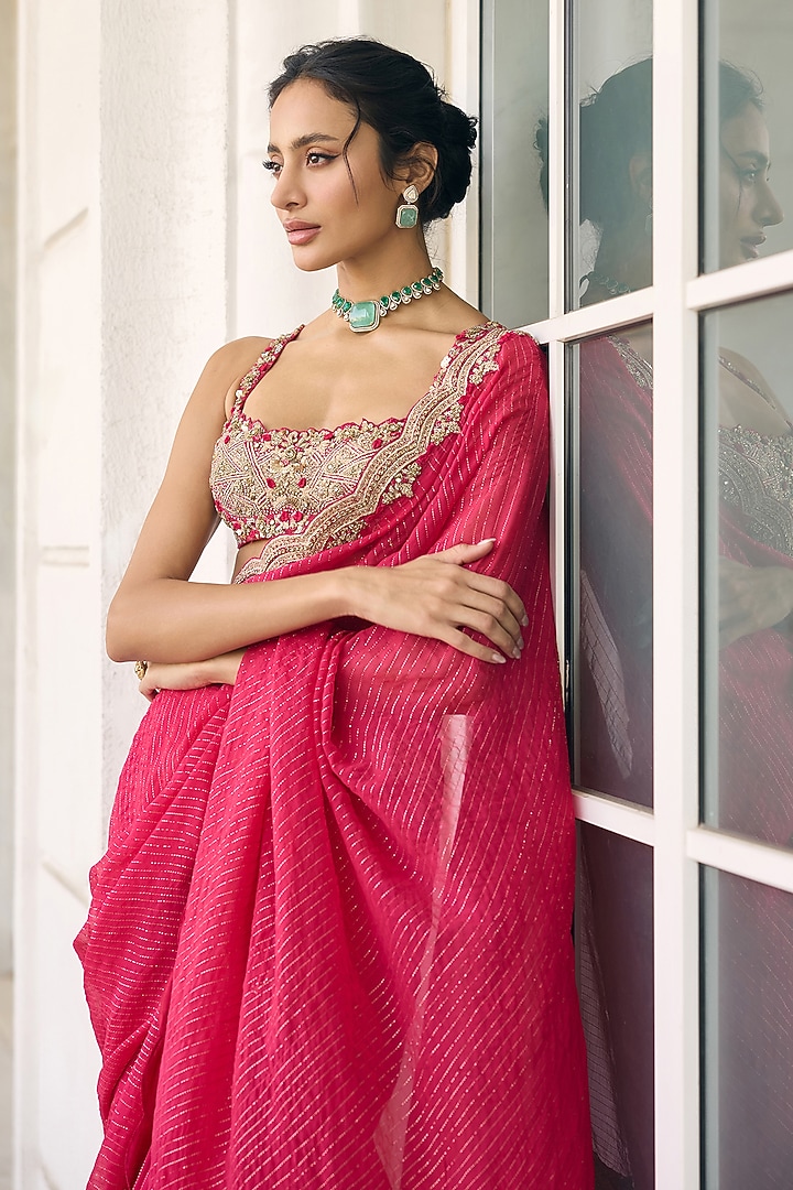 Pink Flat Chiffon Embroidered Reception Saree Set by AWIGNA BY VARSHA & RITTU at Pernia's Pop Up Shop