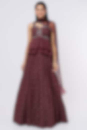 Deep Cherry Georgette Skirt Set by AWIGNA BY VARSHA & RITTU