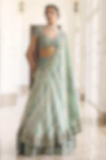 Teal Blue Fendi Organza & Silk Embroidered Bridal Lehenga Set by AWIGNA BY VARSHA & RITTU at Pernia's Pop Up Shop