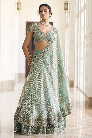 Teal Blue Fendi Organza & Silk Embroidered Lehenga Set by AWIGNA BY VARSHA & RITTU