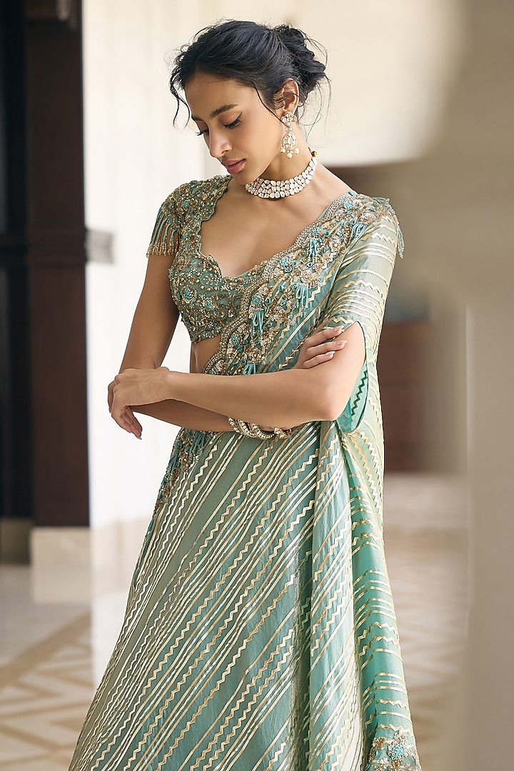 Teal Blue Fendi Organza & Silk Embroidered Bridal Lehenga Set by AWIGNA BY VARSHA & RITTU at Pernia's Pop Up Shop