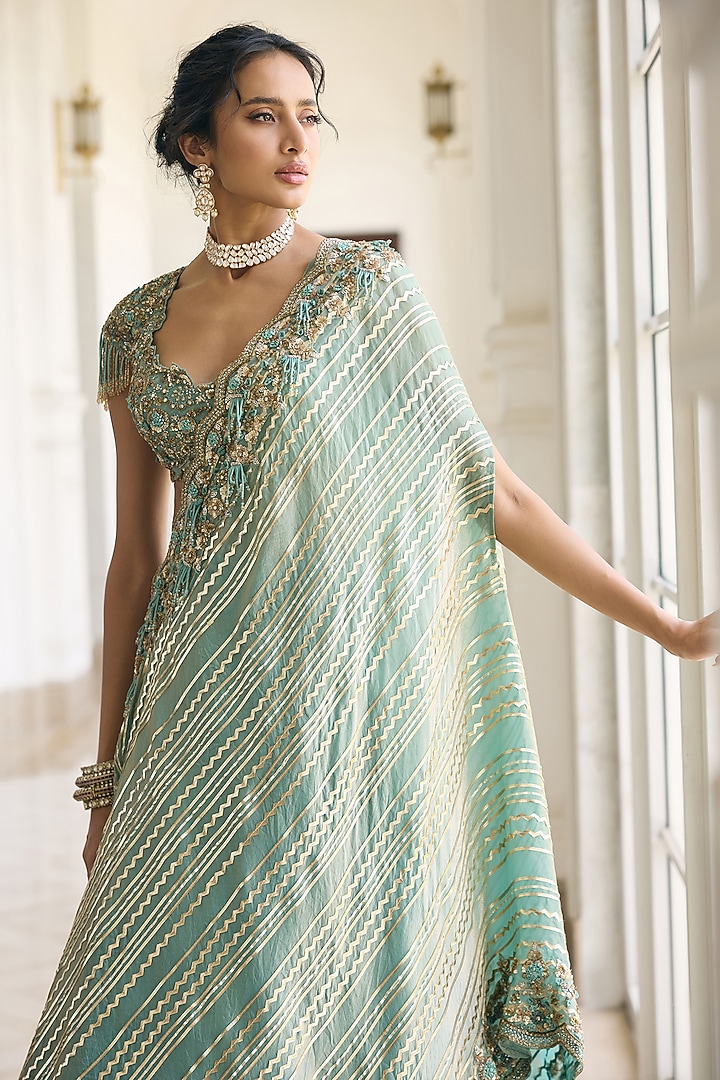 Teal Blue Fendi Organza & Silk Embroidered Bridal Lehenga Set by AWIGNA BY VARSHA & RITTU at Pernia's Pop Up Shop