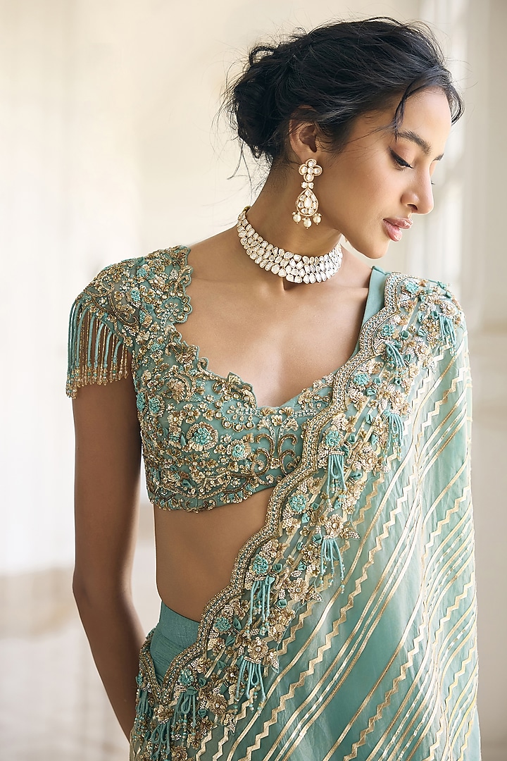 Teal Blue Fendi Organza & Silk Embroidered Bridal Lehenga Set by AWIGNA BY VARSHA & RITTU at Pernia's Pop Up Shop