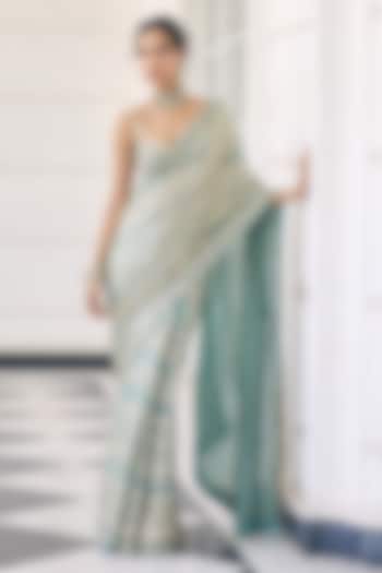 Teal Blue Fendi Organza Sequins Embellished Reception Saree Set by AWIGNA BY VARSHA & RITTU at Pernia's Pop Up Shop