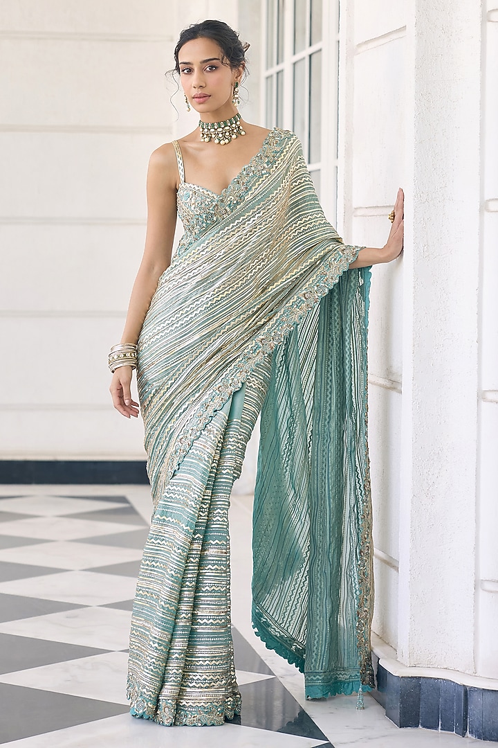 Teal Blue Fendi Organza Sequins Embellished Reception Saree Set by AWIGNA BY VARSHA & RITTU at Pernia's Pop Up Shop
