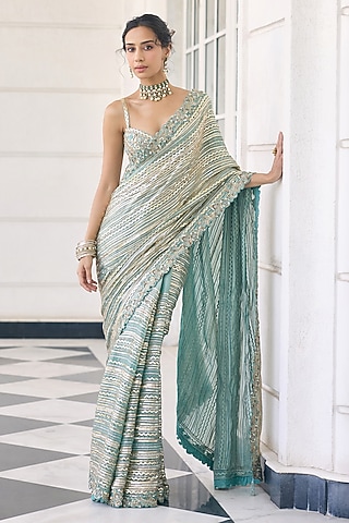 Teal Blue Fendi Organza Sequins Embellished Saree Set by AWIGNA BY VARSHA & RITTU