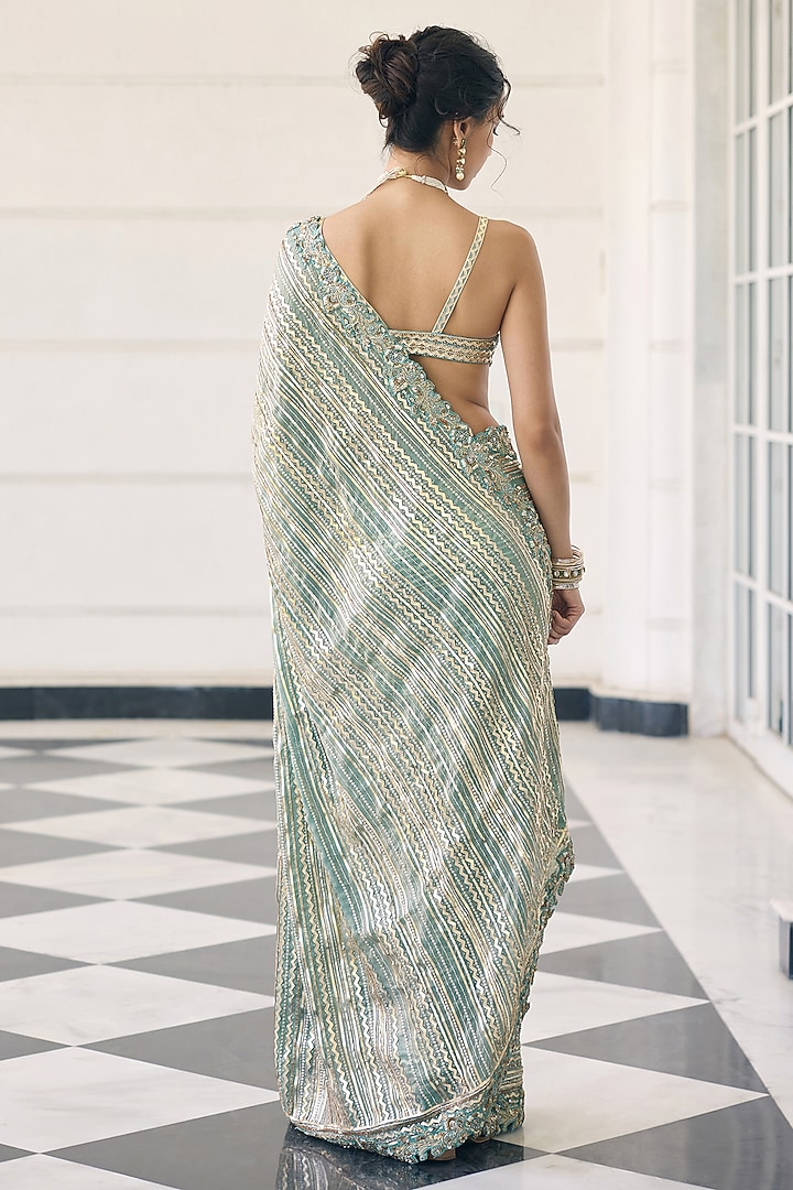 Teal Blue Fendi Organza Sequins Embellished Reception Saree Set by AWIGNA BY VARSHA & RITTU at Pernia's Pop Up Shop