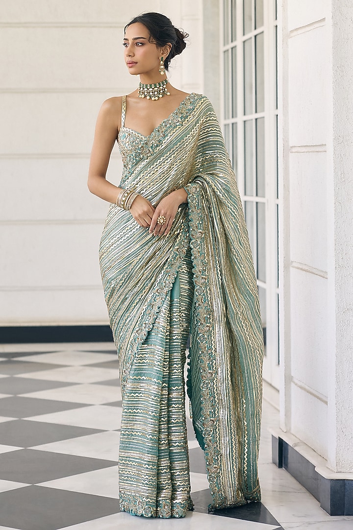 Teal Blue Fendi Organza Sequins Embellished Reception Saree Set by AWIGNA BY VARSHA & RITTU at Pernia's Pop Up Shop