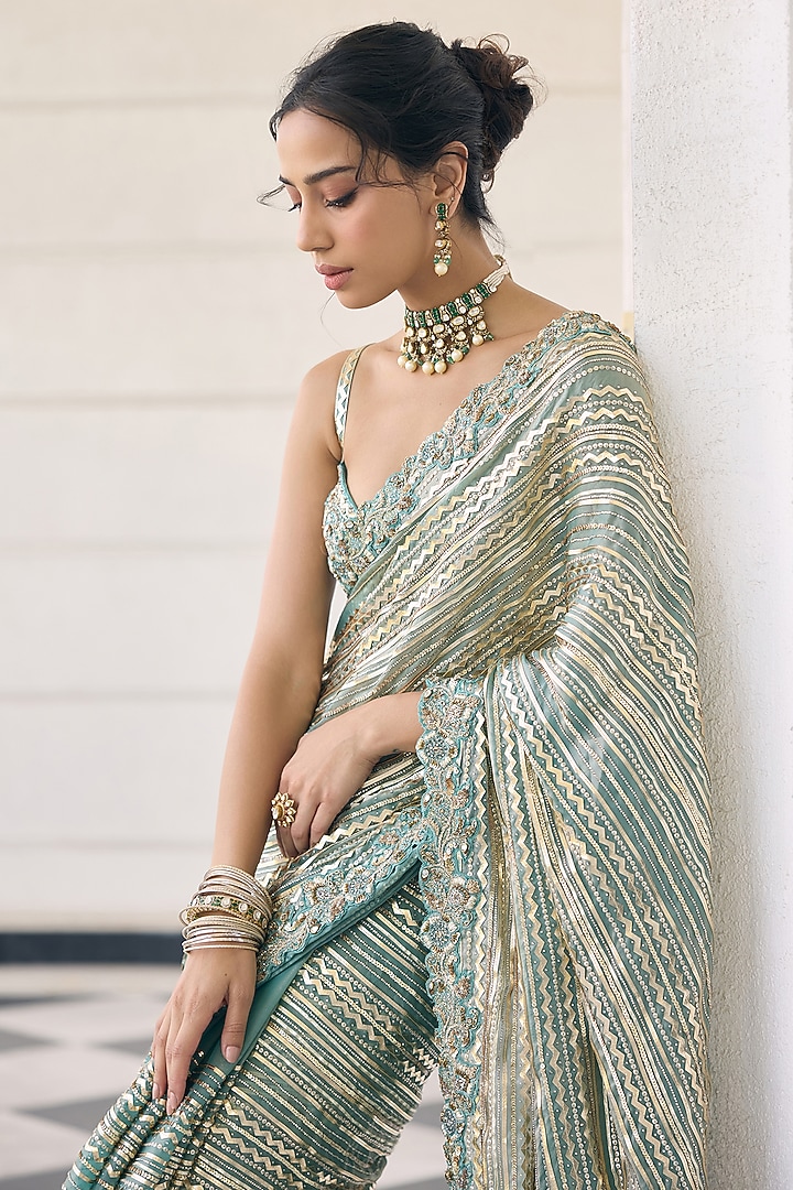 Teal Blue Fendi Organza Sequins Embellished Reception Saree Set by AWIGNA BY VARSHA & RITTU at Pernia's Pop Up Shop