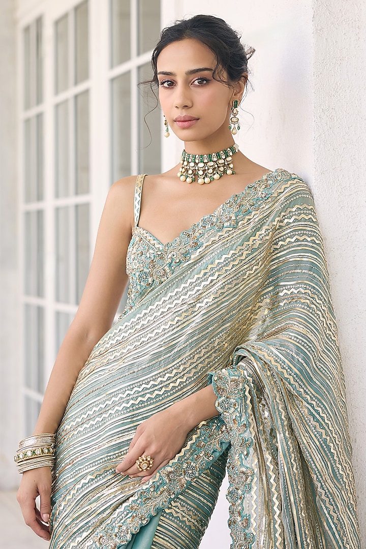 Teal Blue Fendi Organza Sequins Embellished Reception Saree Set by AWIGNA BY VARSHA & RITTU at Pernia's Pop Up Shop