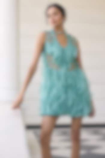 Teal Blue Organza Sequins Embroidered Ruffle Mini Cocktail Dress by AWIGNA BY VARSHA & RITTU at Pernia's Pop Up Shop