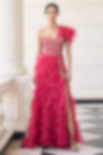 Pink Tulle Ruffled Skirt Set by AWIGNA BY VARSHA & RITTU at Pernia's Pop Up Shop
