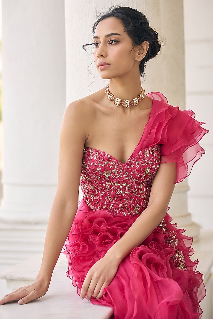 Pink Tulle Ruffled Skirt Set by AWIGNA BY VARSHA & RITTU at Pernia's Pop Up Shop