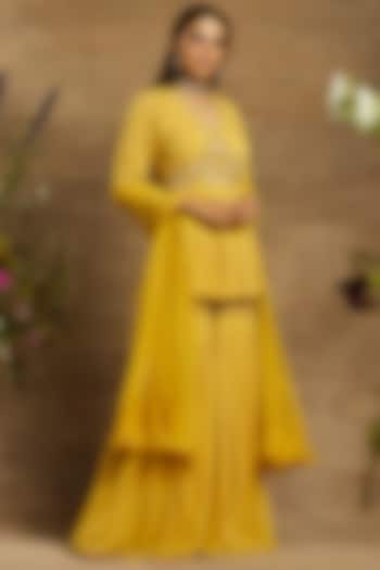 Sunshine Yellow Georgette Wedding Sharara Set by AWIGNA BY VARSHA & RITTU at Pernia's Pop Up Shop
