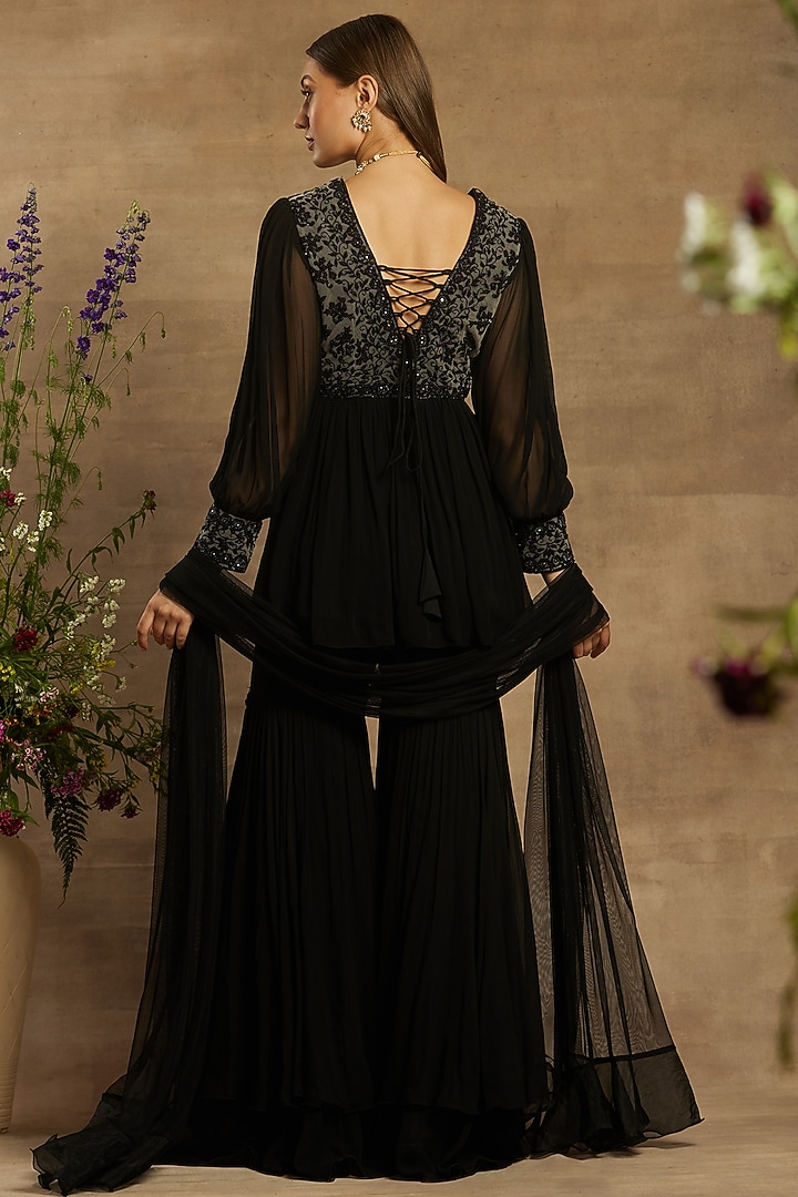 Black Georgette Wedding Sharara Set by AWIGNA BY VARSHA & RITTU at Pernia's Pop Up Shop