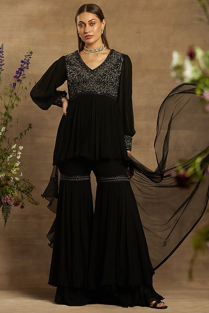 Black Georgette Wedding Sharara Set by AWIGNA BY VARSHA & RITTU at Pernia's Pop Up Shop