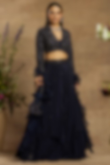 Midnight Blue Layered Skirt Set by AWIGNA BY VARSHA & RITTU
