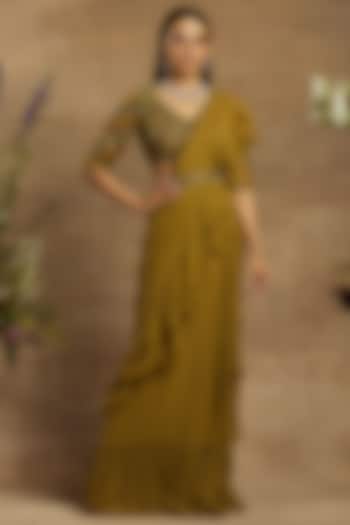 Olive Green Georgette Pre-Draped Saree Set by AWIGNA BY VARSHA & RITTU