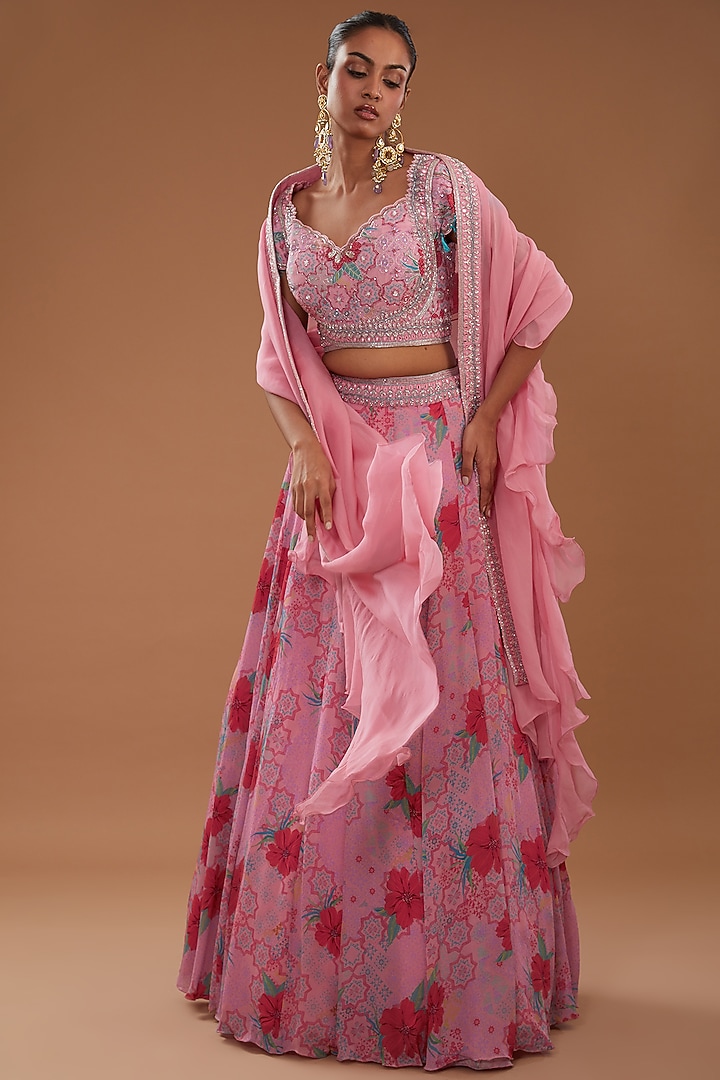 Pink Crepe Floral Printed Wedding Lehenga Set by AWIGNA BY VARSHA & RITTU at Pernia's Pop Up Shop