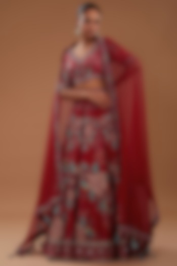 Red Crepe Floral Printed Wedding Lehenga Set by AWIGNA BY VARSHA & RITTU at Pernia's Pop Up Shop