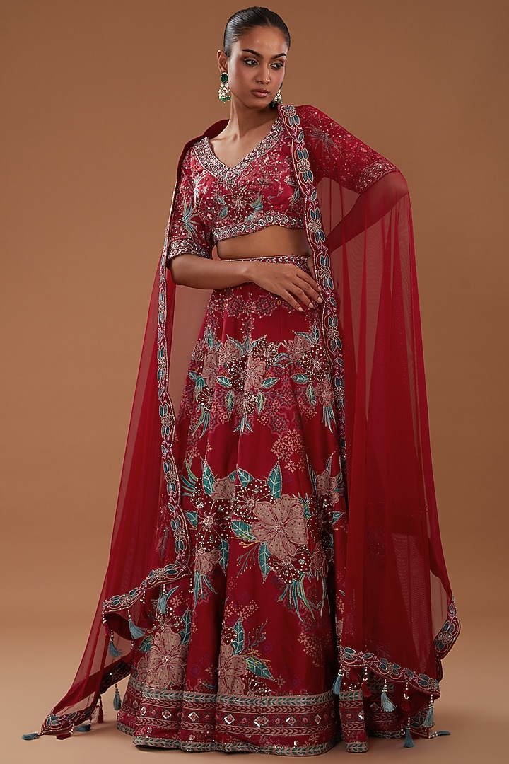 Red Crepe Floral Printed Wedding Lehenga Set by AWIGNA BY VARSHA & RITTU at Pernia's Pop Up Shop