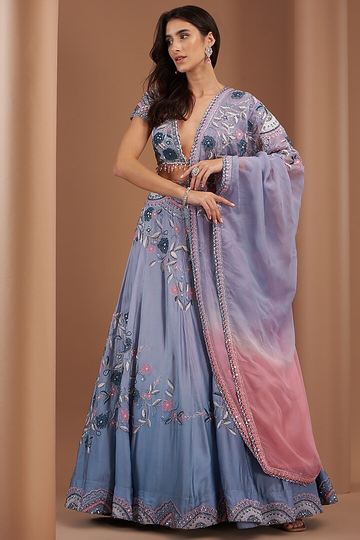 Blue Ombre Organza Embroidered Wedding Lehenga Set by AWIGNA BY VARSHA & RITTU at Pernia's Pop Up Shop
