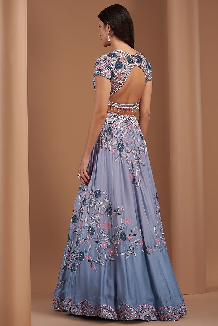Blue Ombre Organza Embroidered Wedding Lehenga Set by AWIGNA BY VARSHA & RITTU at Pernia's Pop Up Shop