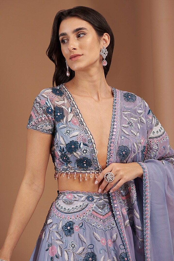 Blue Ombre Organza Embroidered Wedding Lehenga Set by AWIGNA BY VARSHA & RITTU at Pernia's Pop Up Shop