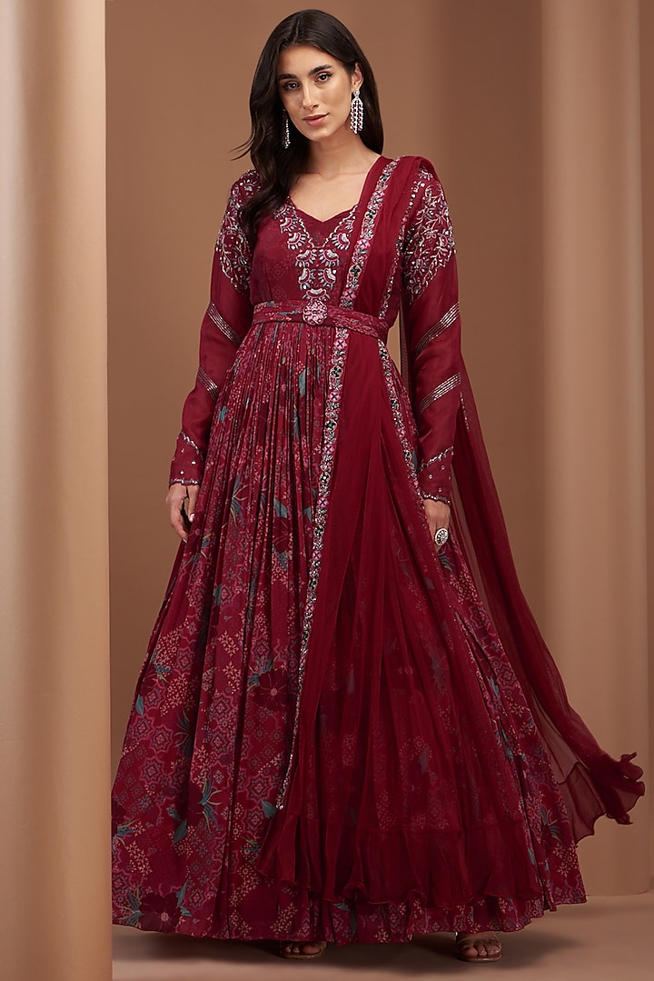 Red Crepe Printed & Embroidered Gown With Dupatta by AWIGNA BY VARSHA & RITTU