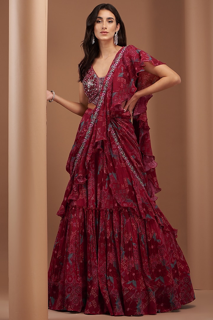 Red Crepe Printed & Embroidered Pre-Draped Saree Set by AWIGNA BY VARSHA & RITTU