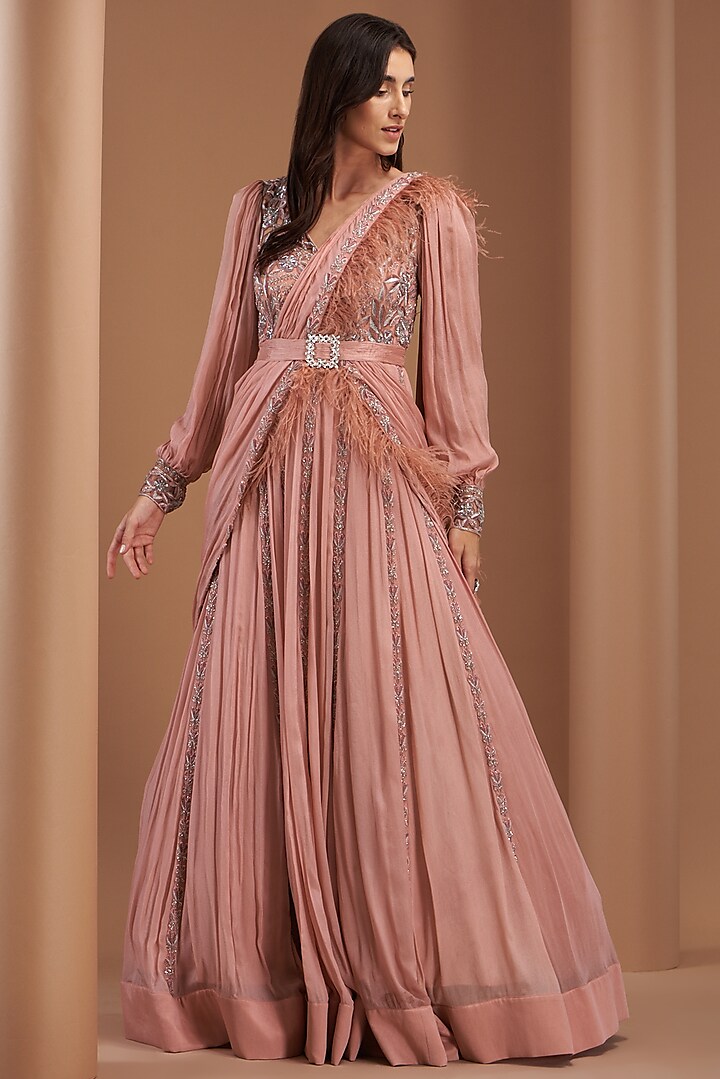 Peach Chiffon Embroidered Gown by AWIGNA BY VARSHA & RITTU