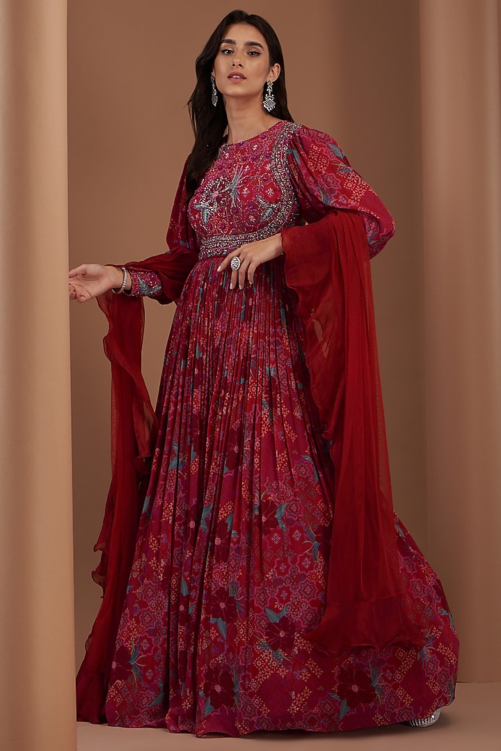 Red Crepe Printed Gown With Dupatta by AWIGNA BY VARSHA & RITTU