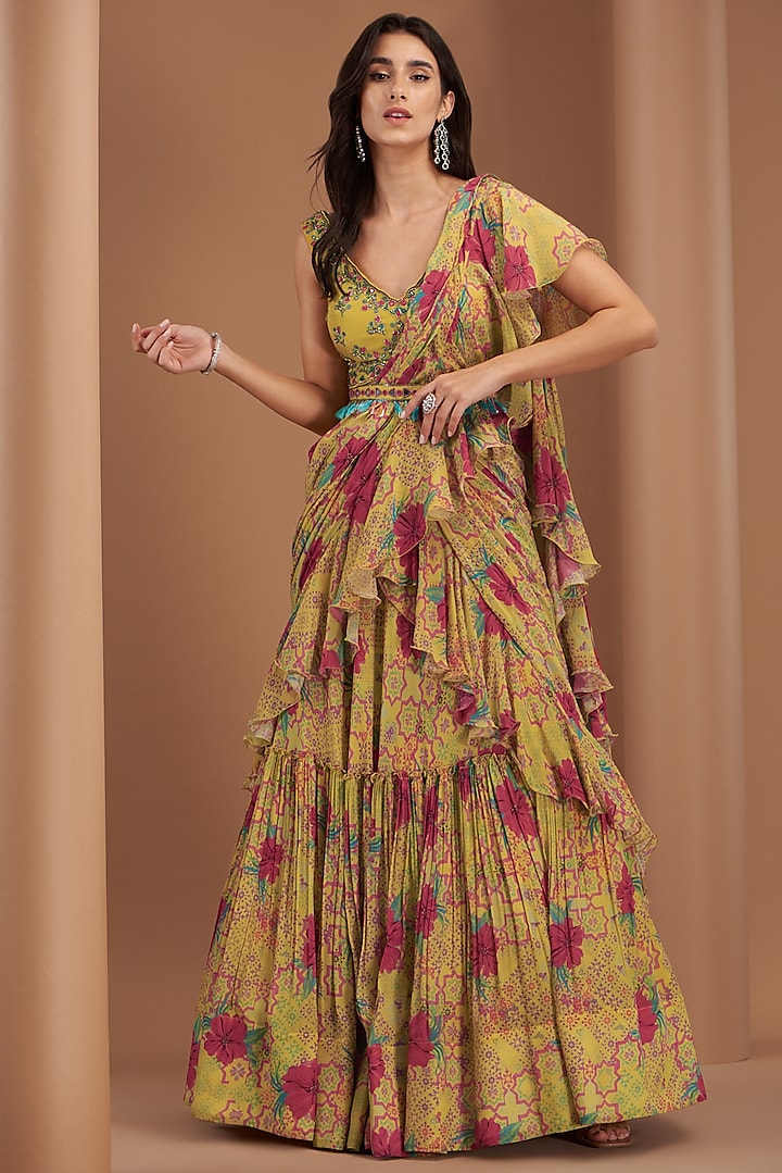 Yellow Crepe Printed & Embroidered Pre-Draped Saree Set by AWIGNA BY VARSHA & RITTU