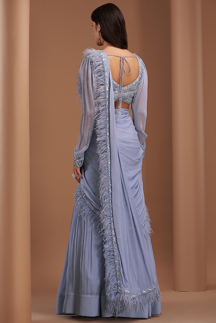 Blue Chiffon Embroidered Wedding Saree Set by AWIGNA BY VARSHA & RITTU at Pernia's Pop Up Shop
