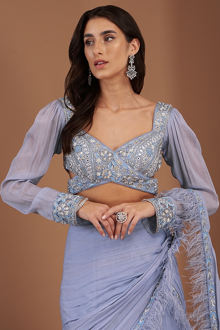 Blue Chiffon Embroidered Wedding Saree Set by AWIGNA BY VARSHA & RITTU at Pernia's Pop Up Shop