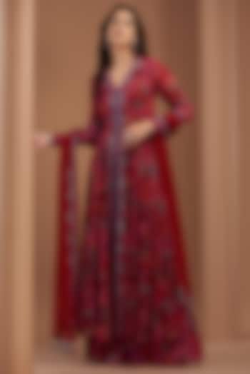 Red Crepe Printed & Embroidered Anarkali Set by AWIGNA BY VARSHA & RITTU