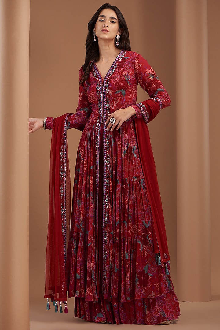 Red Crepe Printed & Embroidered Anarkali Set by AWIGNA BY VARSHA & RITTU