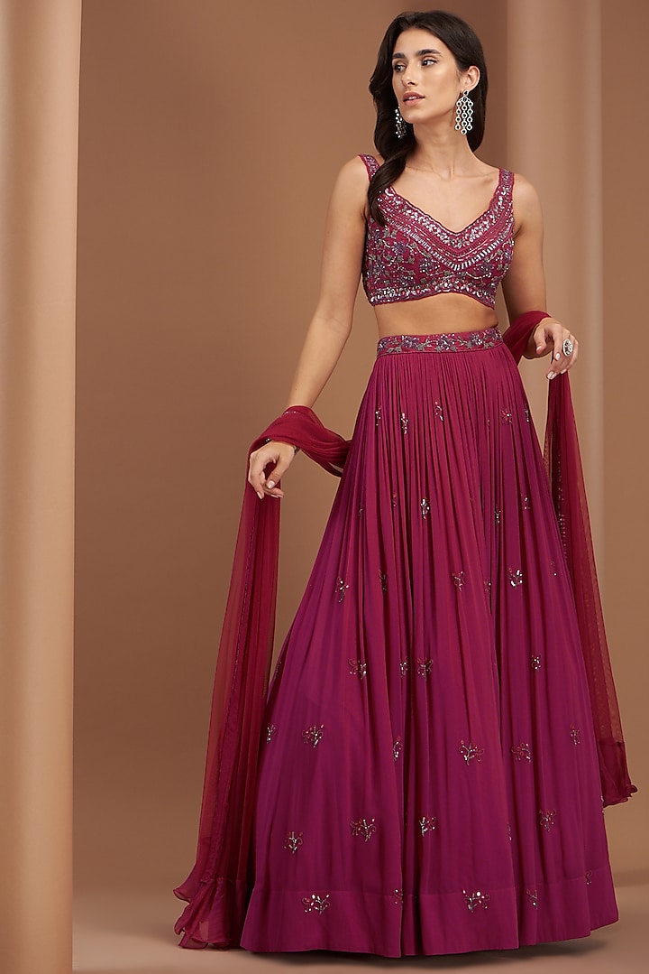 Magenta Georgette Embroidered Lehenga Set by AWIGNA BY VARSHA & RITTU