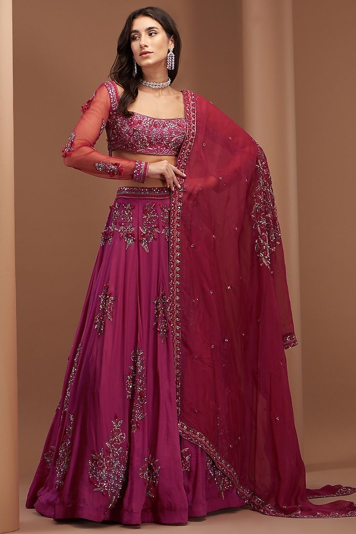 Magenta Organza Embroidered Wedding Lehenga Set by AWIGNA BY VARSHA & RITTU at Pernia's Pop Up Shop