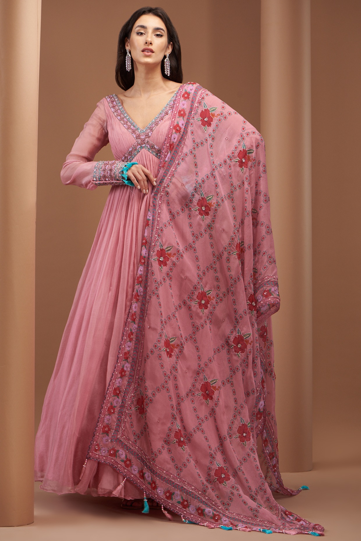 Buy Attractive Peach Foil Print Dola Silk Event Wear Gown With Dupatta -  Zeel Clothing