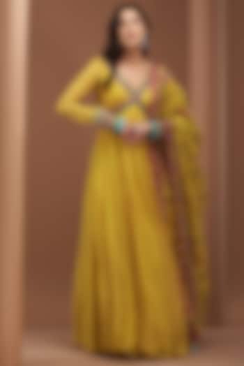 Yellow Organza Embroidered Gown With Dupatta by AWIGNA BY VARSHA & RITTU
