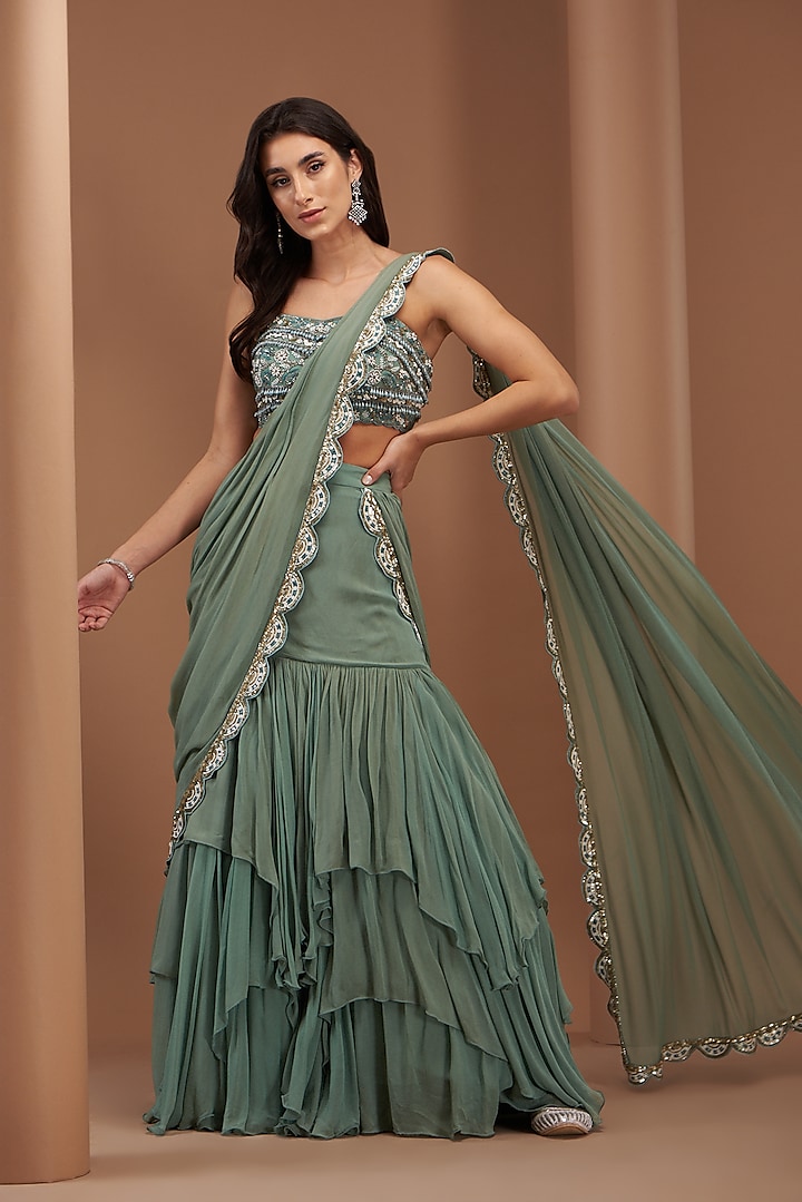 Sea Mint Green Georgette Embroidered Saree Set by AWIGNA BY VARSHA & RITTU