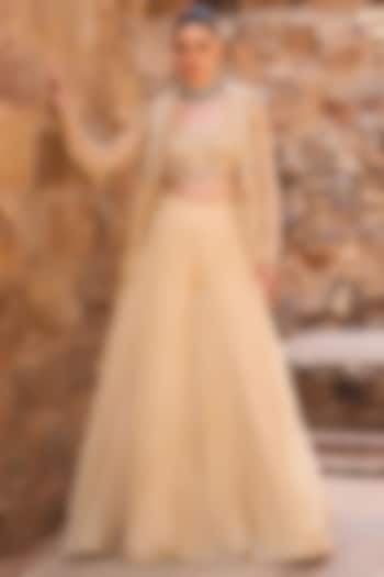 Champagne Organza Metal Beads Embroidered Jacket Set by AWIGNA BY VARSHA & RITTU at Pernia's Pop Up Shop