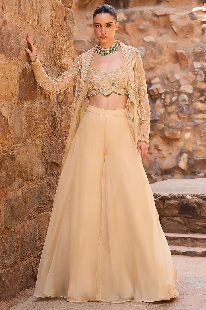 Champagne Organza Metal Beads Embroidered Jacket Set by AWIGNA BY VARSHA & RITTU at Pernia's Pop Up Shop