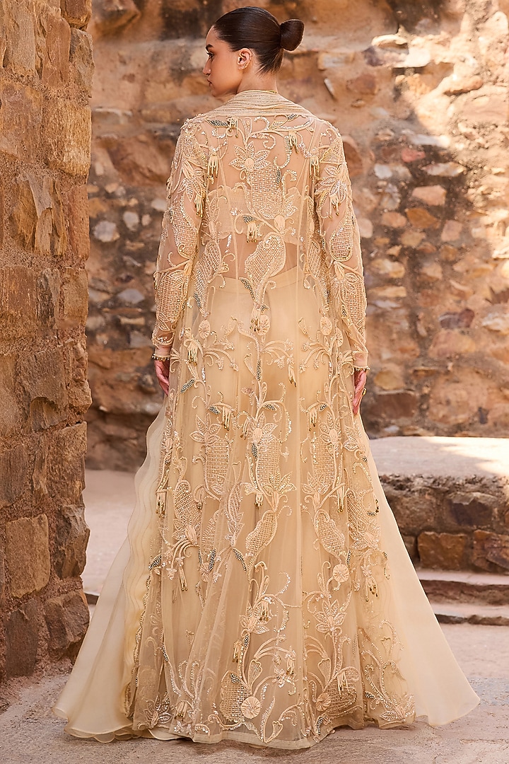 Champagne Organza Metal Beads Embroidered Jacket Set by AWIGNA BY VARSHA & RITTU at Pernia's Pop Up Shop