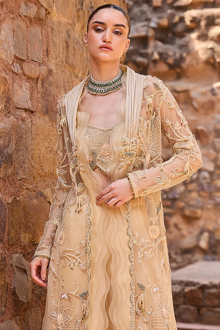 Champagne Organza Metal Beads Embroidered Jacket Set by AWIGNA BY VARSHA & RITTU at Pernia's Pop Up Shop